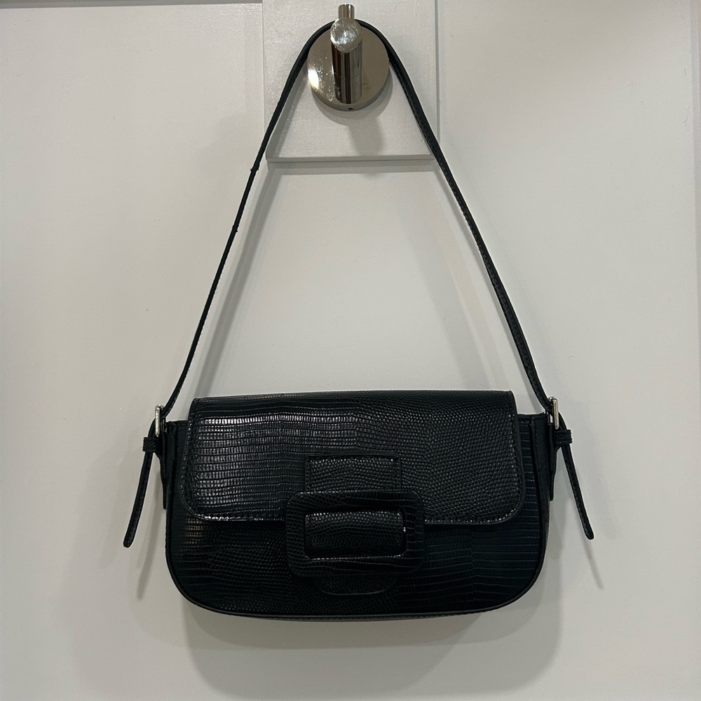 Black Ladies Shoulder Bag Purse Big Buckle Silver Hardware